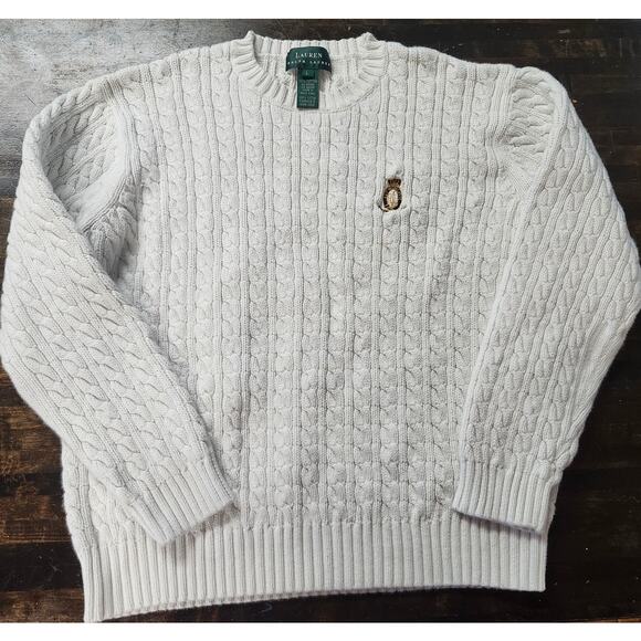 Vintage Ralph Lauren Crest Large Hand Knit Chunky Cable Sweater White - Picture 1 of 7